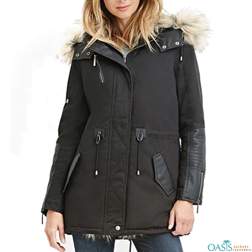 Black Buckled Womens Parka Jacket Supplier