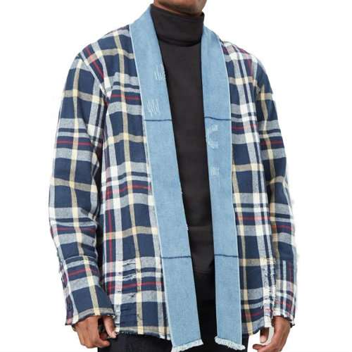 wholesale navy blue and white checked flannel jacket