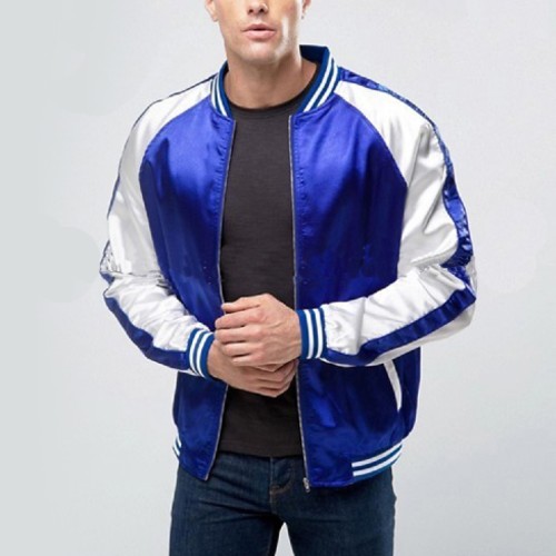 Wholesale Blue Satin Baseball Jacket For Men Manufacturer In USA, UK