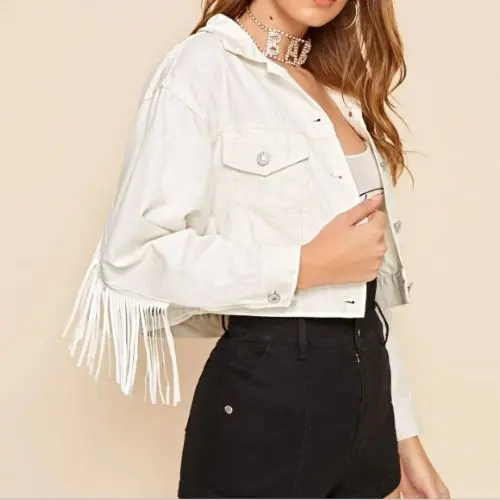 Casual Fringe White Denim Jacket Manufacturer