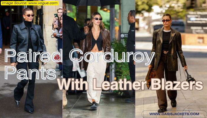 Hailey Bieber Pairing Corduroy Pants With Leather Blazers leather coats wholesalers