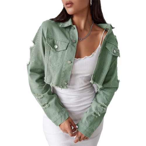 Trendy Ripped Denim Long Sleeve Cropped Jacket main image 0